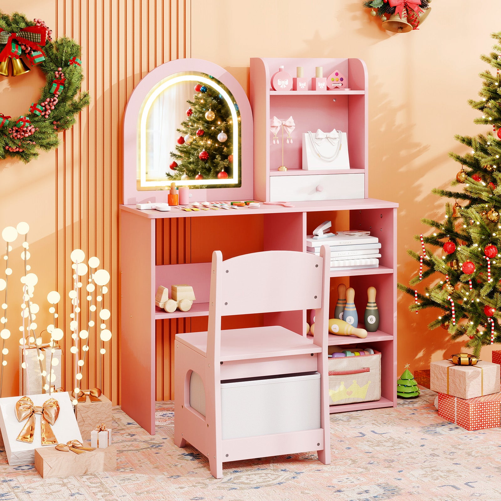 Kids Vanity Set Princess Girls Makeup Vanity Desk with Chair and 3-Color LED Lighted Mirror, Pink Kids Vanities at Gallery Canada