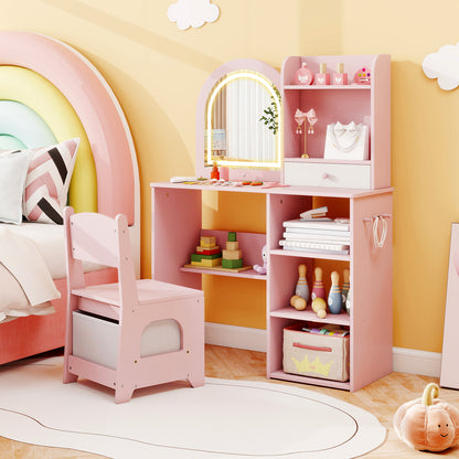 Kids Vanity Set Princess Girls Makeup Vanity Desk with Chair and 3-Color LED Lighted Mirror, Pink Kids Vanities at Gallery Canada