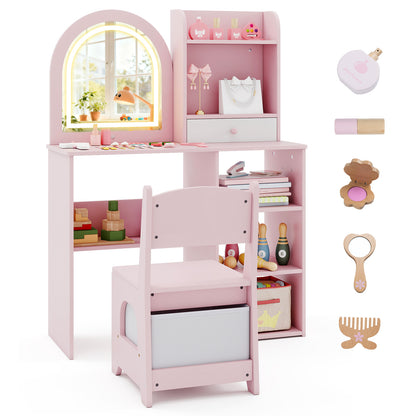 Kids Vanity Set Princess Girls Makeup Vanity Desk with Chair and 3-Color LED Lighted Mirror, Pink Kids Vanities Pink at Gallery Canada