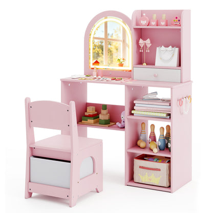 Kids Vanity Set Princess Girls Makeup Vanity Desk with Chair and 3-Color LED Lighted Mirror, Pink Kids Vanities at Gallery Canada