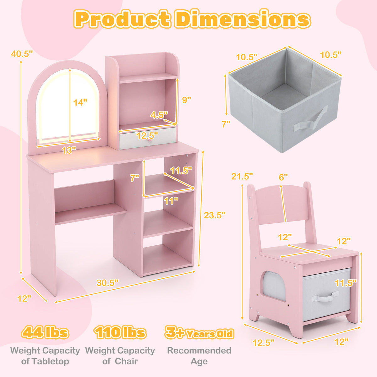 Kids Vanity Set Princess Girls Makeup Vanity Desk with Chair and 3-Color LED Lighted Mirror, Pink Kids Vanities at Gallery Canada