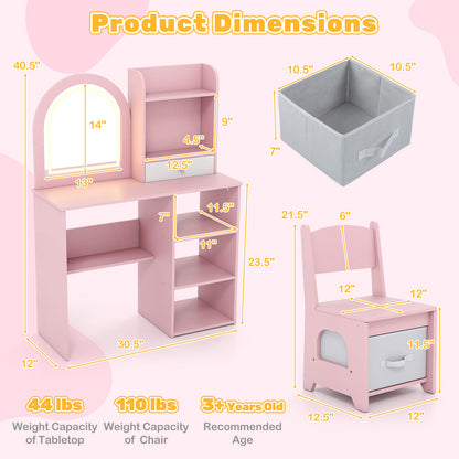 Kids Vanity Set Princess Girls Makeup Vanity Desk with Chair and 3-Color LED Lighted Mirror, Pink Kids Vanities at Gallery Canada