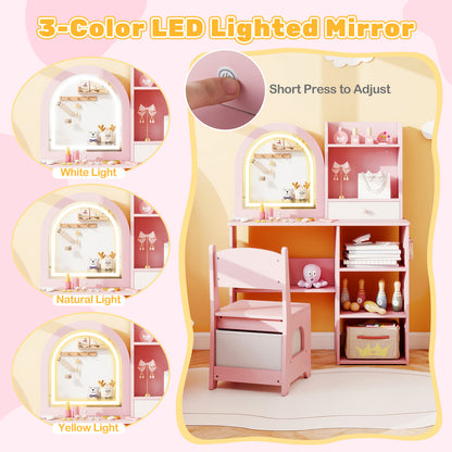 Kids Vanity Set Princess Girls Makeup Vanity Desk with Chair and 3-Color LED Lighted Mirror, Pink Kids Vanities at Gallery Canada