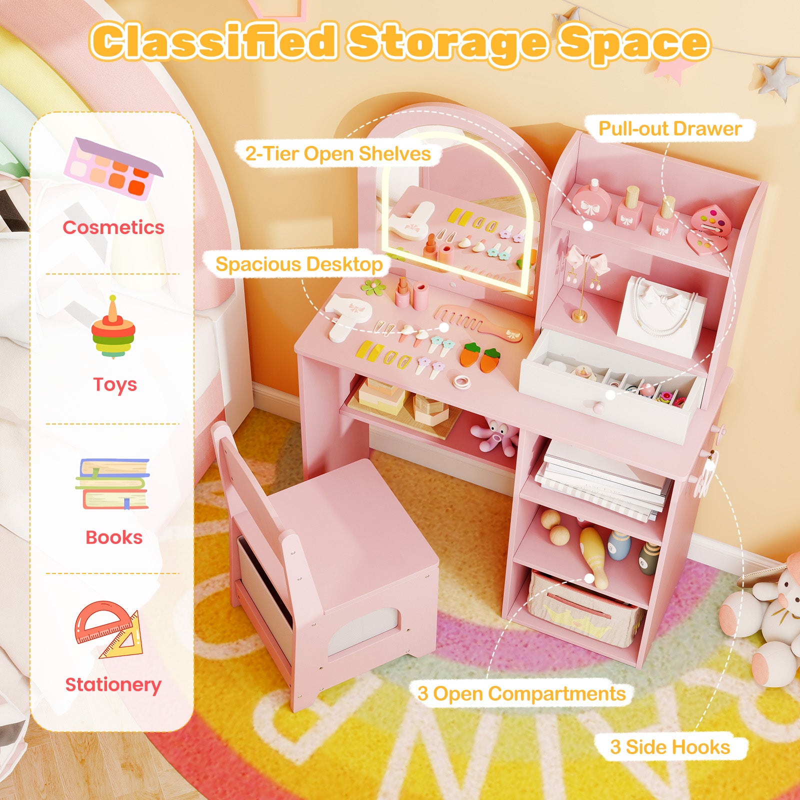 Kids Vanity Set Princess Girls Makeup Vanity Desk with Chair and 3-Color LED Lighted Mirror, Pink Kids Vanities at Gallery Canada