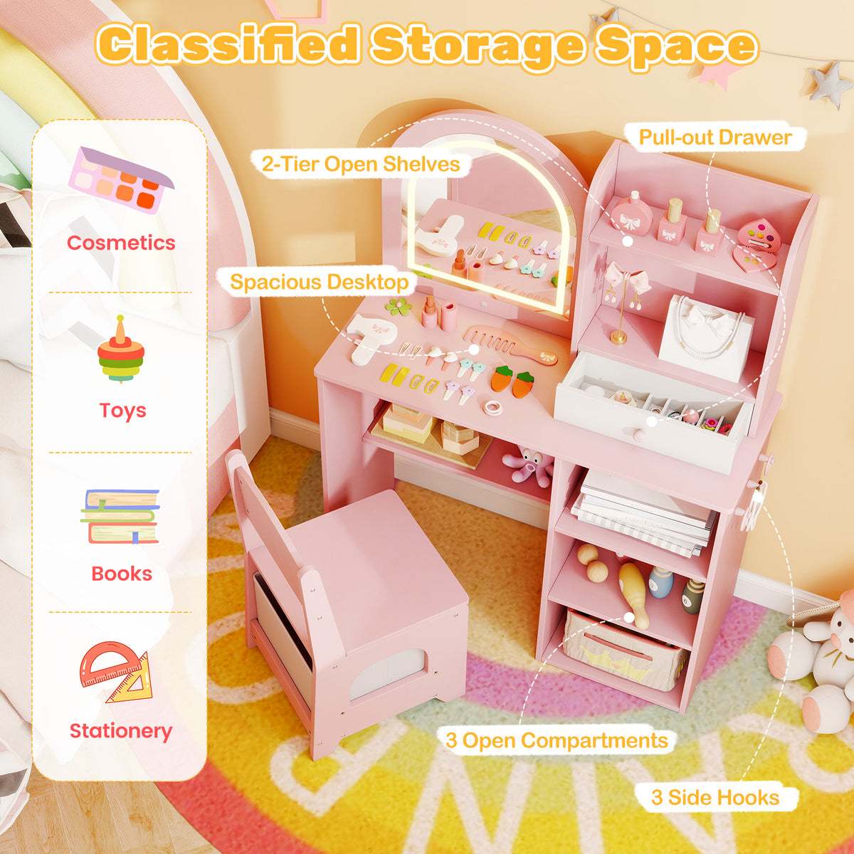 Kids Vanity Set Princess Girls Makeup Vanity Desk with Chair and 3-Color LED Lighted Mirror, Pink Kids Vanities at Gallery Canada