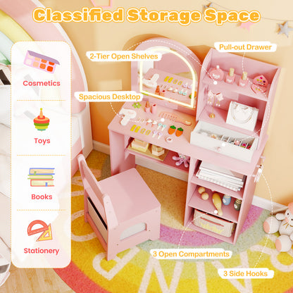 Kids Vanity Set Princess Girls Makeup Vanity Desk with Chair and 3-Color LED Lighted Mirror, Pink Kids Vanities at Gallery Canada