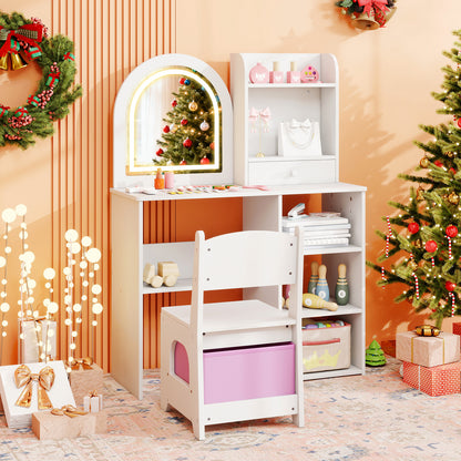 Kids Vanity Set Princess Girls Makeup Vanity Desk with Chair and 3-Color LED Lighted Mirror, White Kids Vanities at Gallery Canada