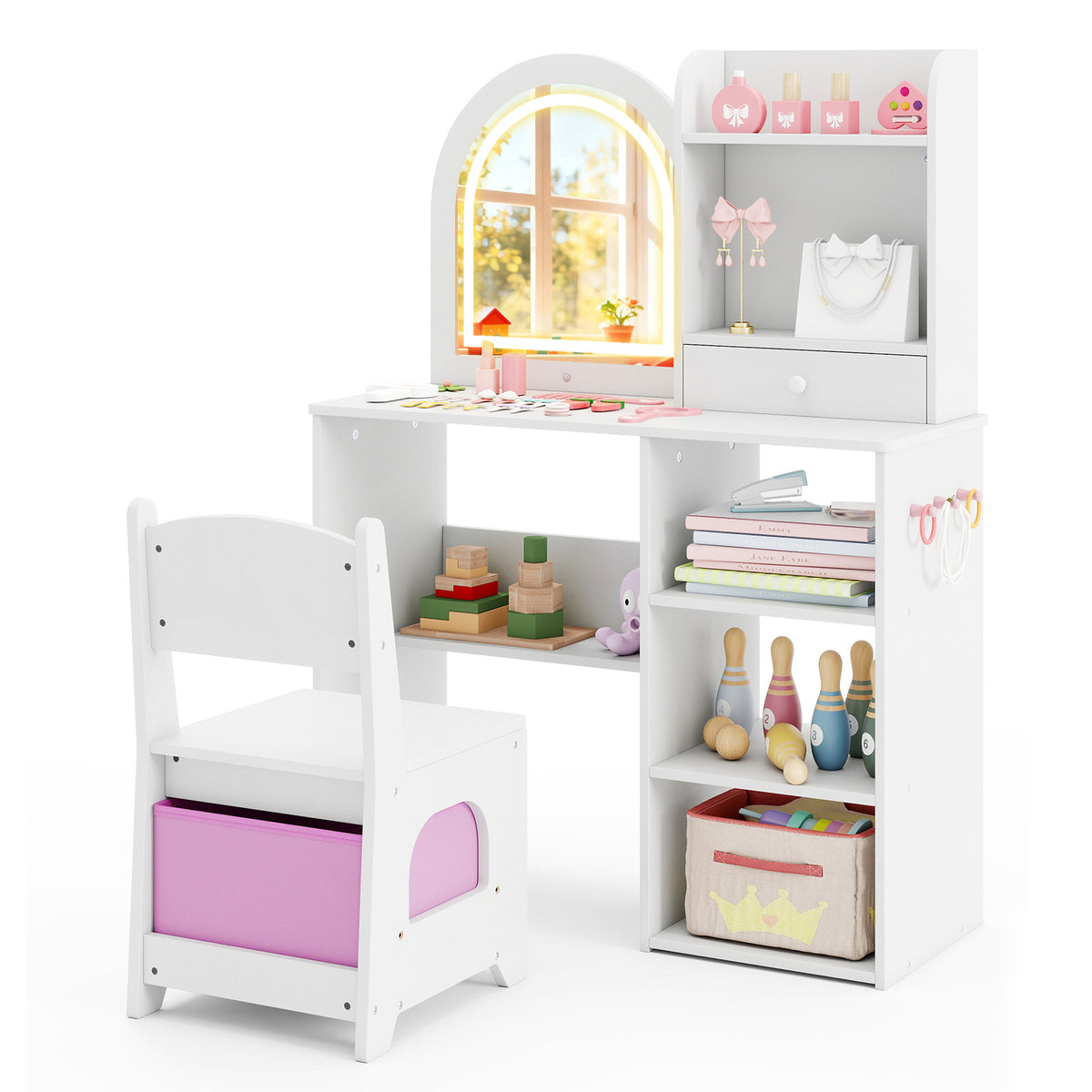 Kids Vanity Set Princess Girls Makeup Vanity Desk with Chair and 3-Color LED Lighted Mirror, White Kids Vanities at Gallery Canada