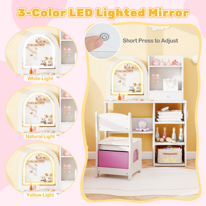 Kids Vanity Set Princess Girls Makeup Vanity Desk with Chair and 3-Color LED Lighted Mirror, White Kids Vanities at Gallery Canada