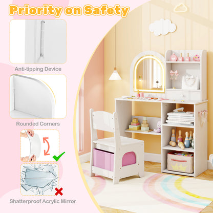 Kids Vanity Set Princess Girls Makeup Vanity Desk with Chair and 3-Color LED Lighted Mirror, White Kids Vanities at Gallery Canada