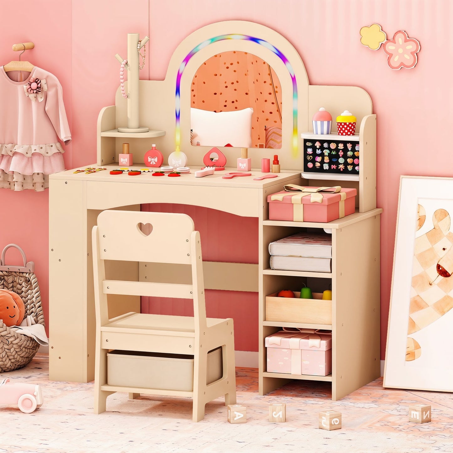 Kids Vanity Set With LED Lights, Makeup Dressing Table & Chair, Natural Kids Vanities at Gallery Canada