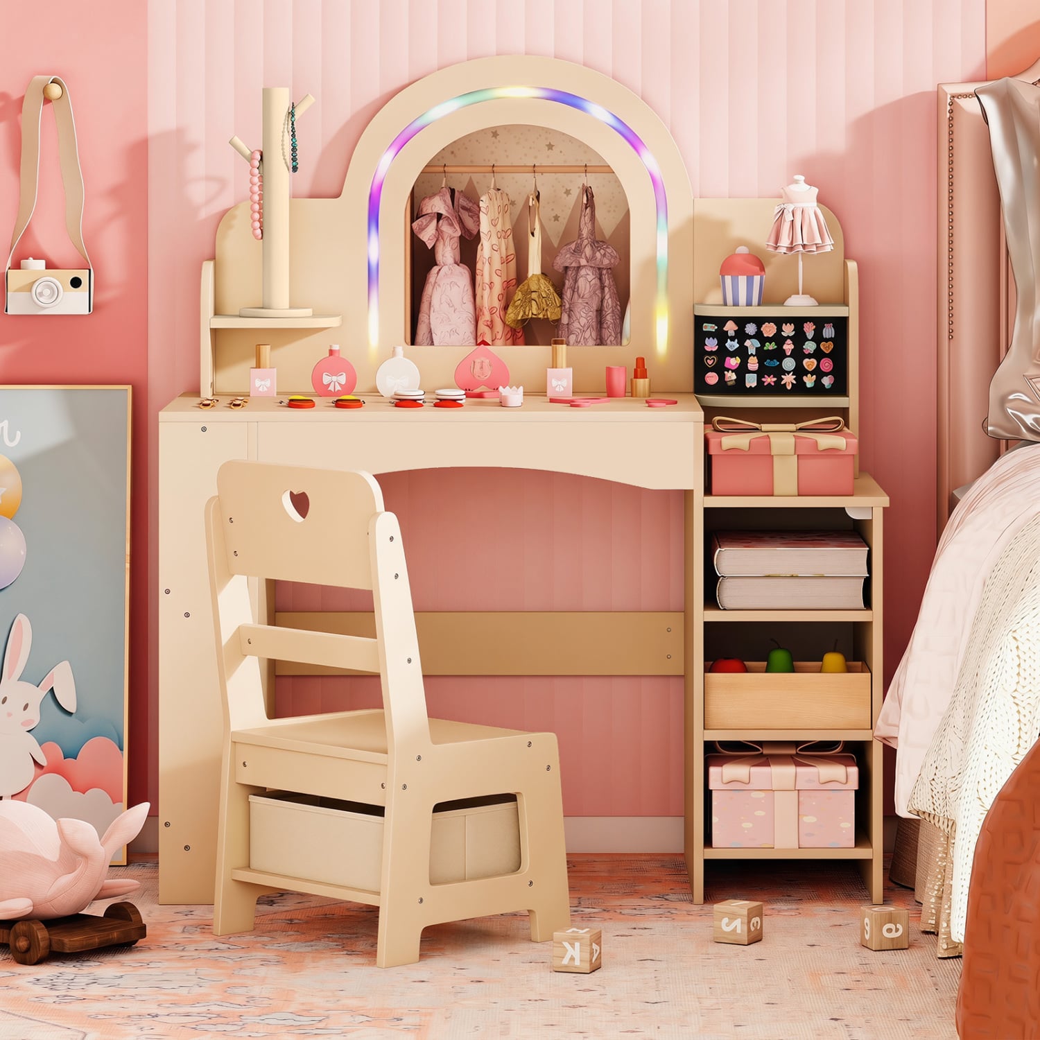 Kids Vanity Set With LED Lights, Makeup Dressing Table & Chair, Natural Kids Vanities at Gallery Canada