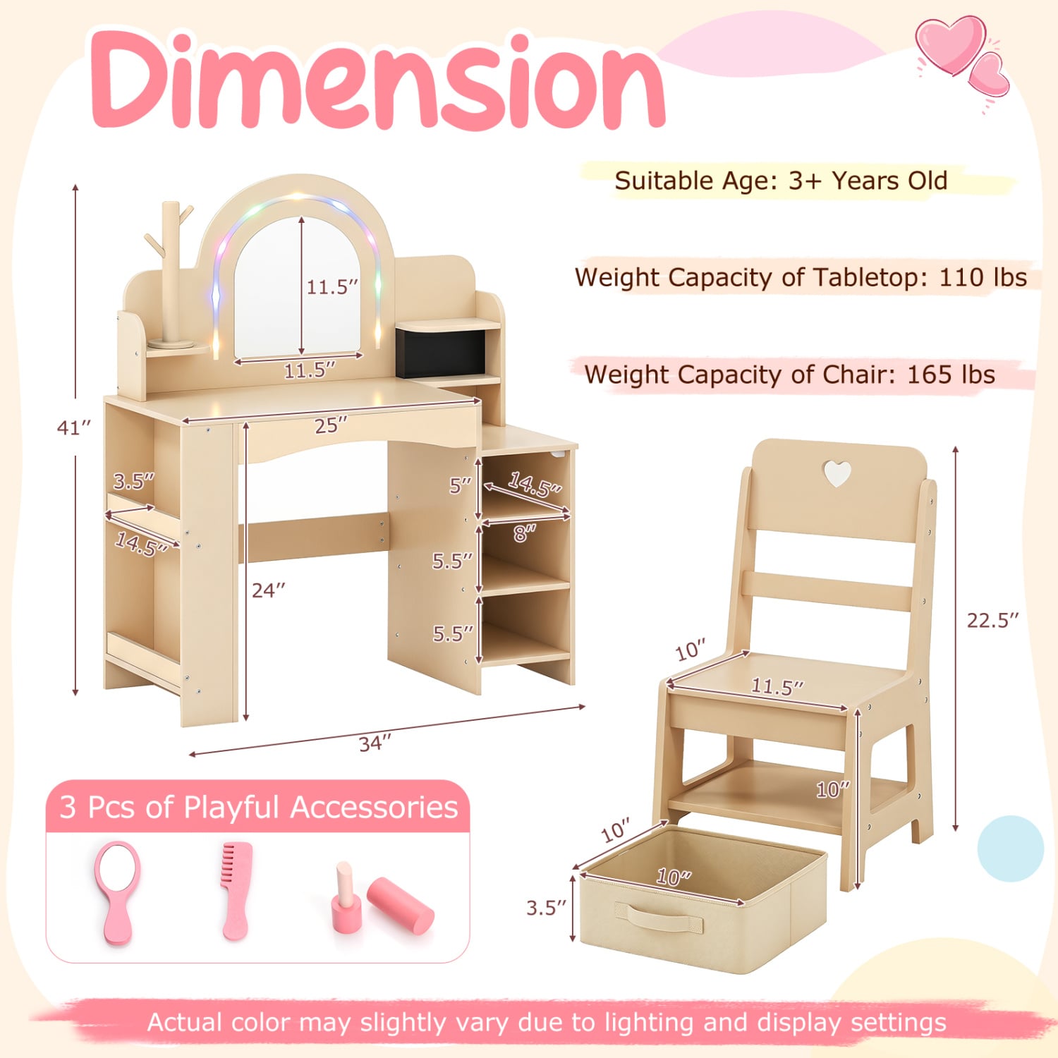 Kids Vanity Set With LED Lights, Makeup Dressing Table & Chair, Natural Kids Vanities at Gallery Canada