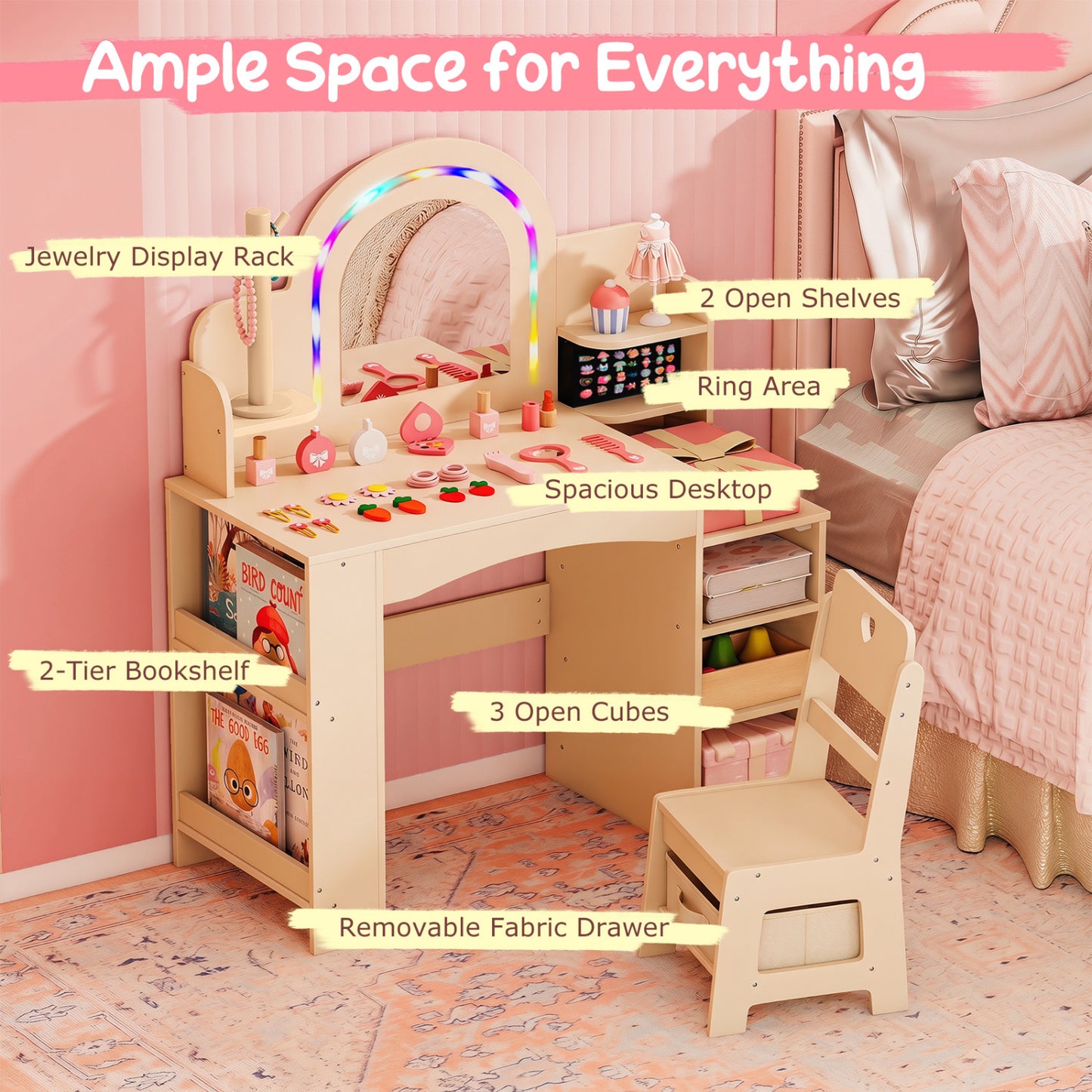 Kids Vanity Set With LED Lights, Makeup Dressing Table & Chair, Natural Kids Vanities at Gallery Canada