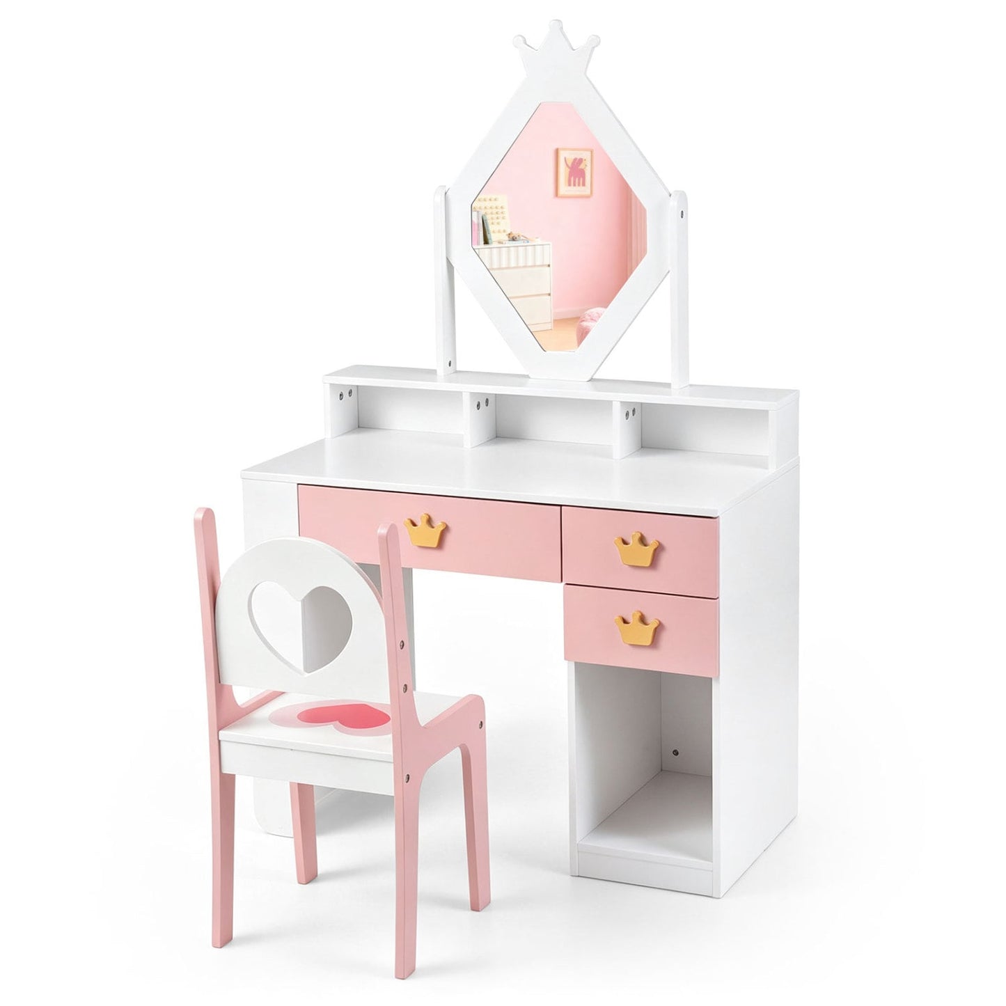Ensemble de coiffeuse pour enfants avec miroir couronné et chaise, blanc
