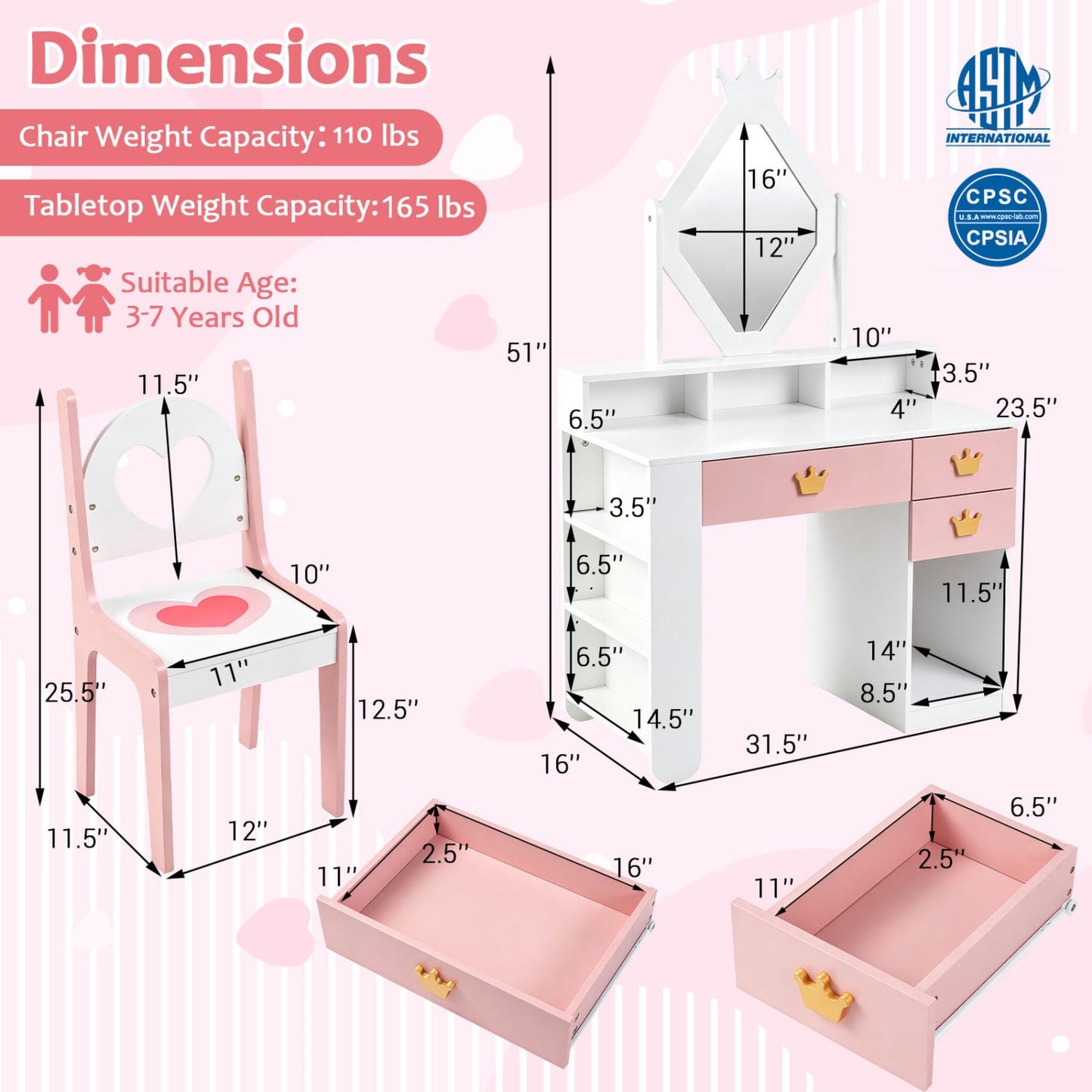 Ensemble de coiffeuse pour enfants avec miroir couronné et chaise, blanc