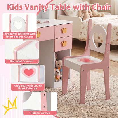 Ensemble de coiffeuse pour enfants avec miroir couronné et chaise, blanc