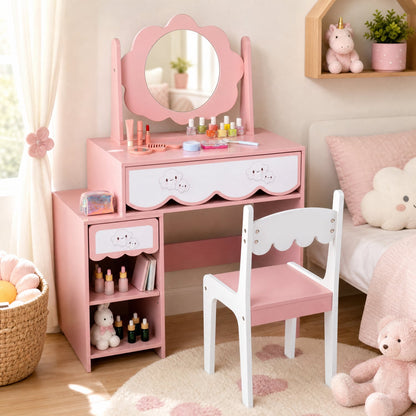 Ensemble de coiffeuse pour enfants avec miroir rotatif, chaise rose