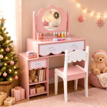 Ensemble de coiffeuse pour enfants avec miroir rotatif, chaise rose