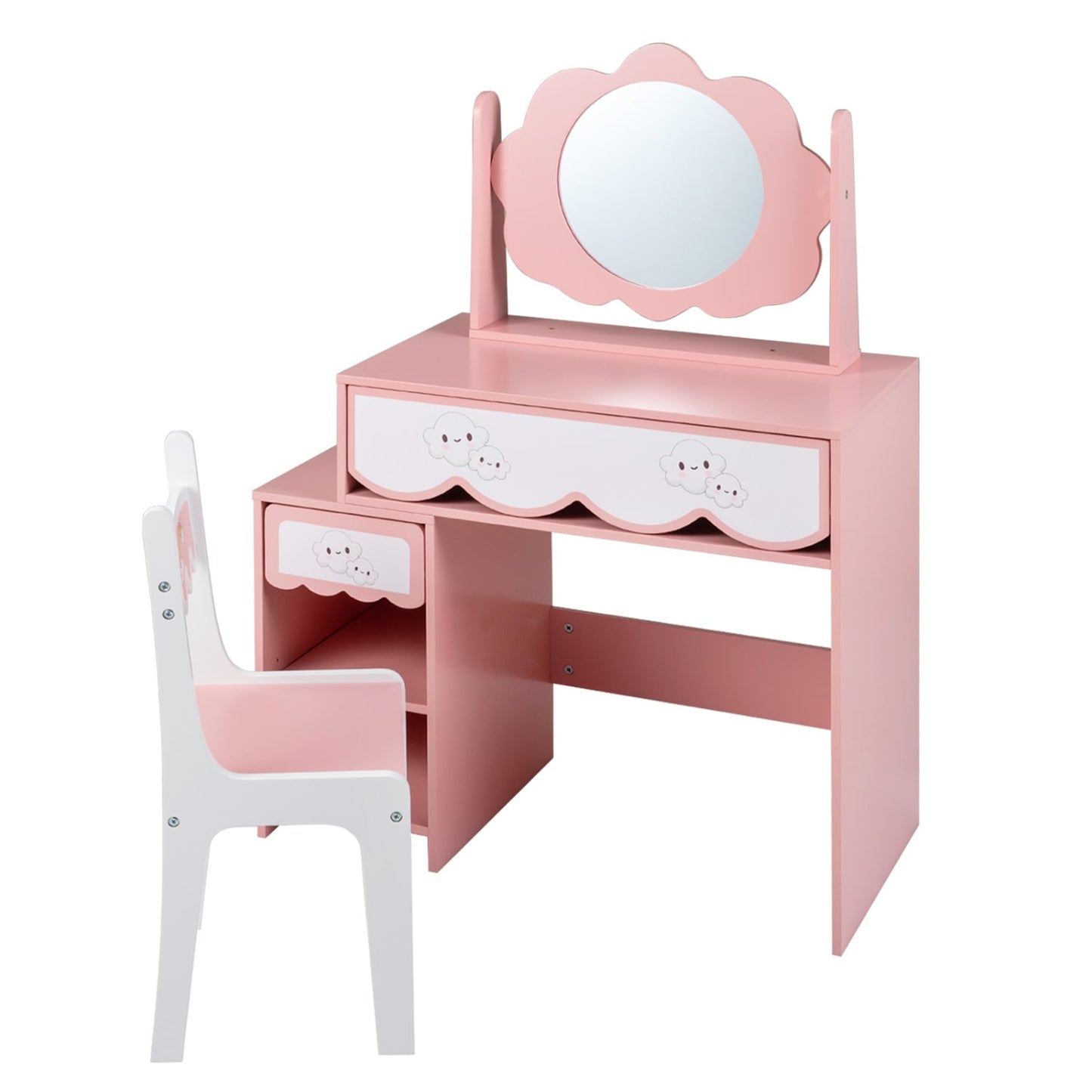 Ensemble de coiffeuse pour enfants avec miroir rotatif, chaise rose