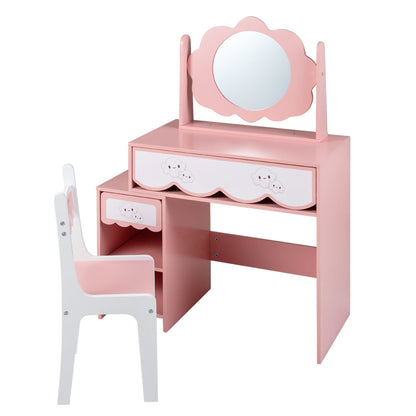 Ensemble de coiffeuse pour enfants avec miroir rotatif, chaise rose