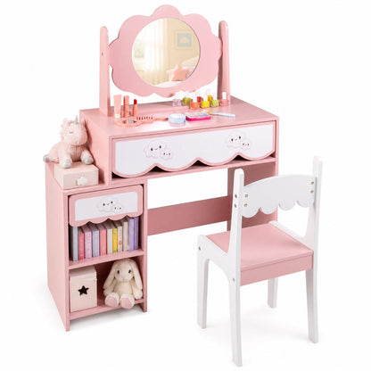 Ensemble de coiffeuse pour enfants avec miroir rotatif, chaise rose