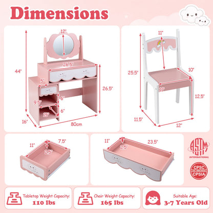 Ensemble de coiffeuse pour enfants avec miroir rotatif, chaise rose