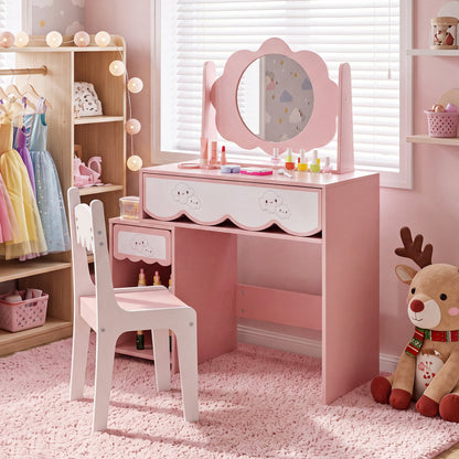 Ensemble de coiffeuse pour enfants avec miroir rotatif, chaise rose