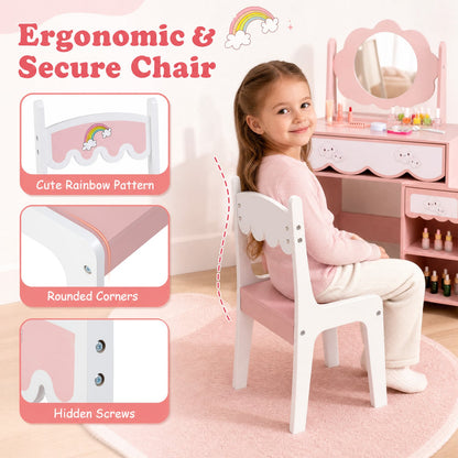 Ensemble de coiffeuse pour enfants avec miroir rotatif, chaise rose