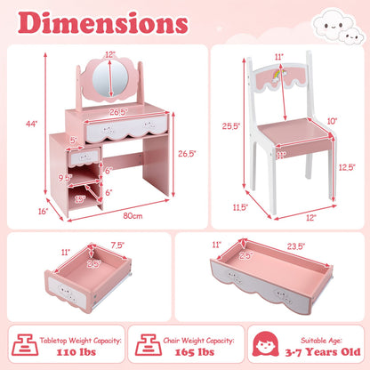 Ensemble de coiffeuse pour enfants avec miroir rotatif, chaise rose