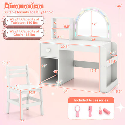 Kids Vanity Table and Chair Set with Lighted Mirror for Kids Aged 3+ Years Old, White Kids Vanities at Gallery Canada