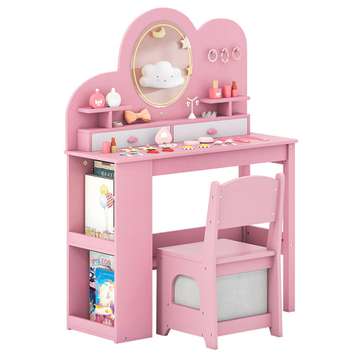 Kids Vanity Table With Lights, 2 Drawers, 2-Tier Bookshelf, Pink