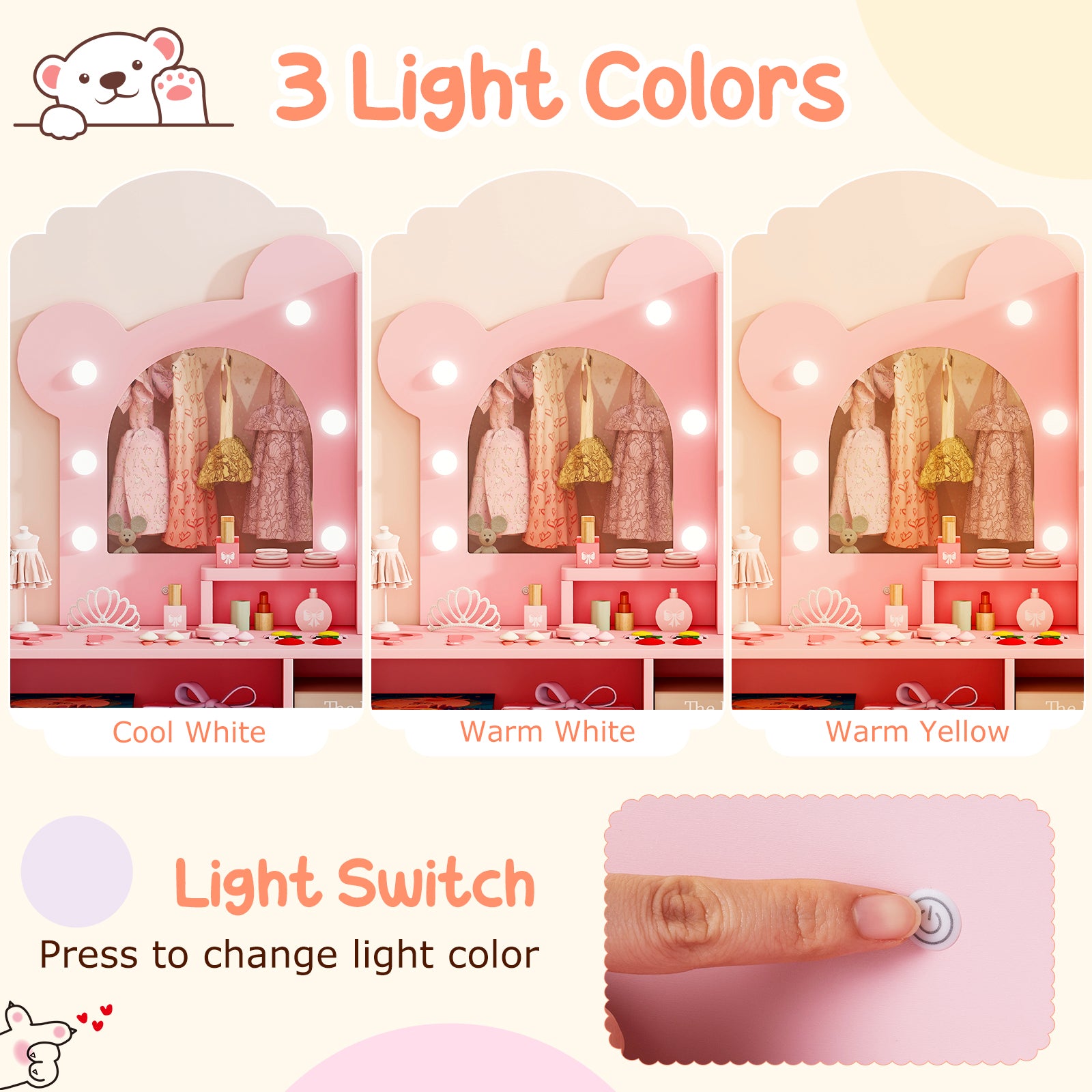 Kids Vanity with Lights and 5 Drawers for Kids Aged 3+ Years Old, Pink Kids Vanities at Gallery Canada