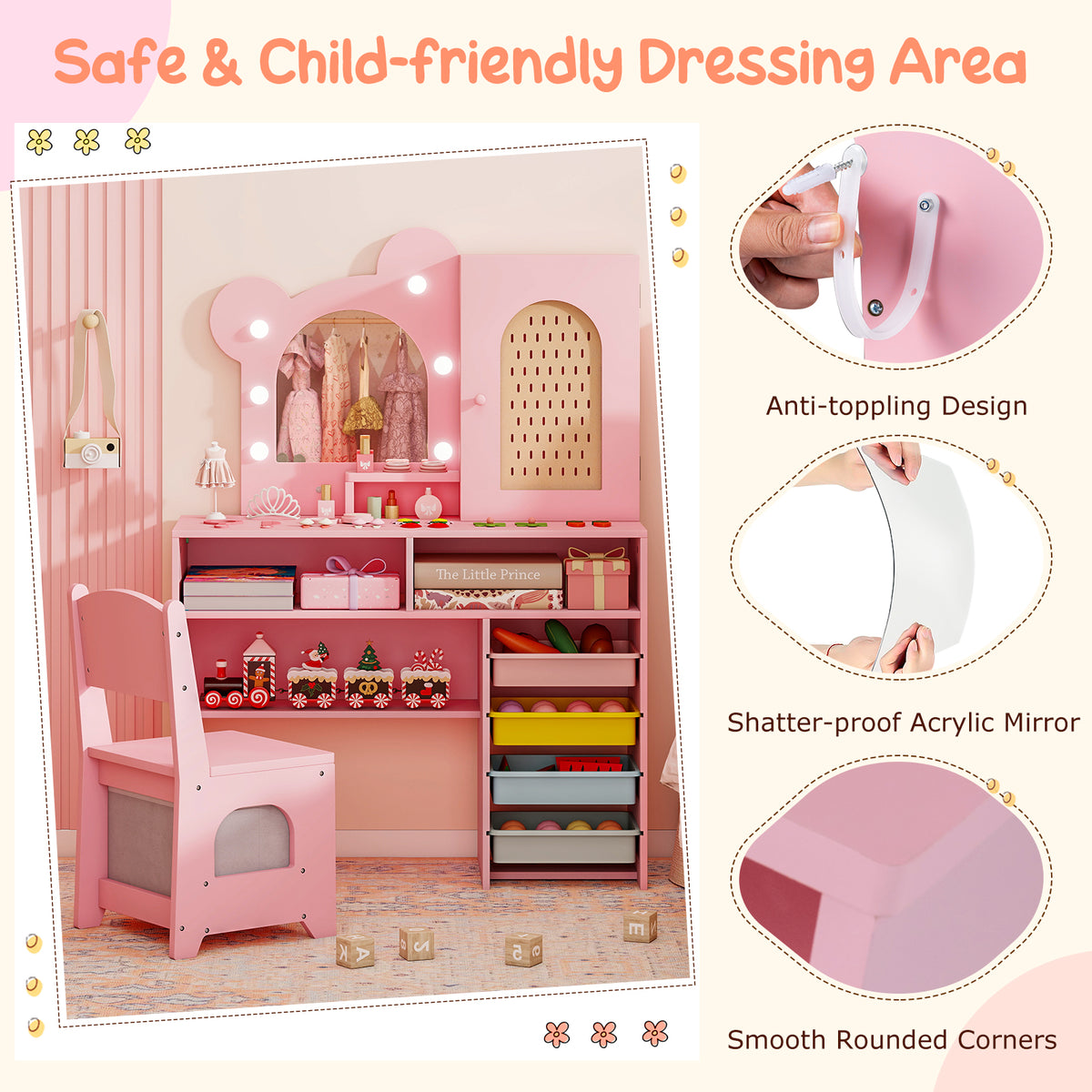 Kids Vanity with Lights and 5 Drawers for Kids Aged 3+ Years Old, Pink Kids Vanities at Gallery Canada