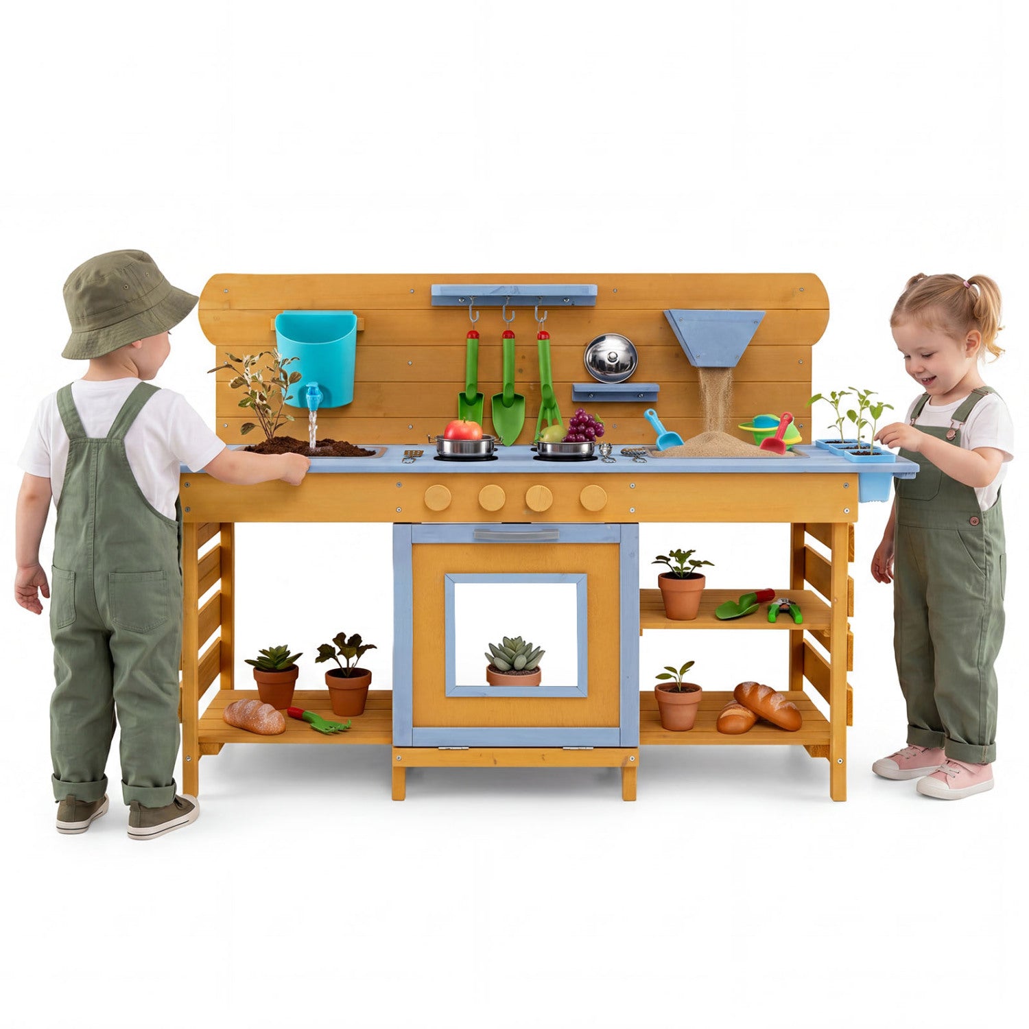 Kids Wooden Mud Kitchen with 2 Sinks and 4 Stoves, Natural Play Kitchen Sets at Gallery Canada