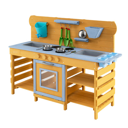 Kids Wooden Mud Kitchen with 2 Sinks and 4 Stoves, Natural Play Kitchen Sets Natural at Gallery Canada