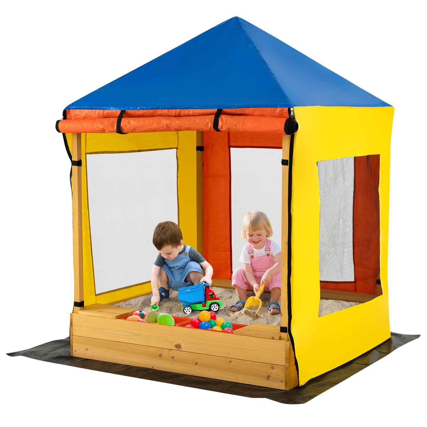 Kids Wooden Sandbox With Canopy, Large Sand Pit, Mesh Windows, Bottom Liner, Multicolor Sandboxes Multicolor at Gallery Canada