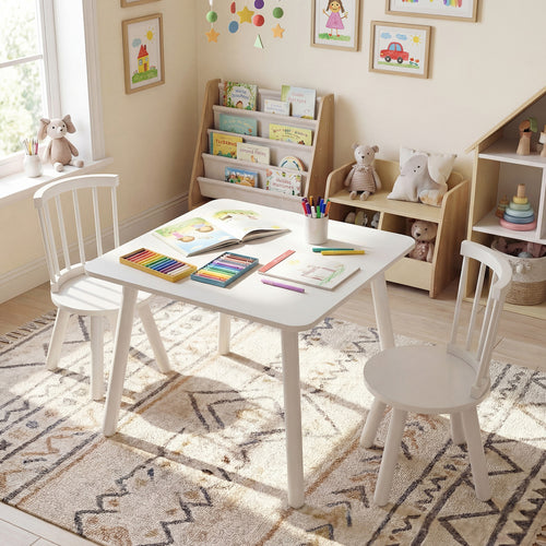 Kids Wooden Table and Chairs Set 3-Piece Toddler Furniture with Pine Wood Frame, White