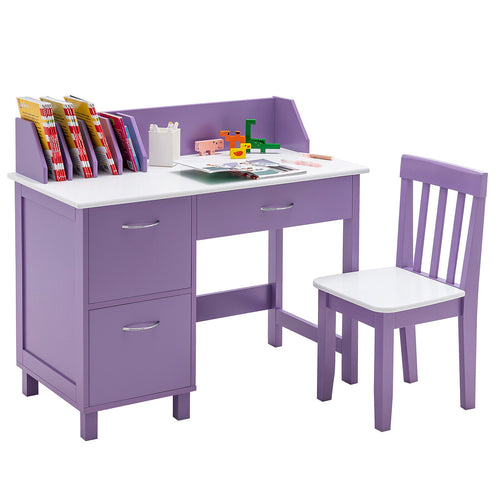 Kids Wooden Writing Furniture Set, With Drawer And Storage Cabinet, Purple