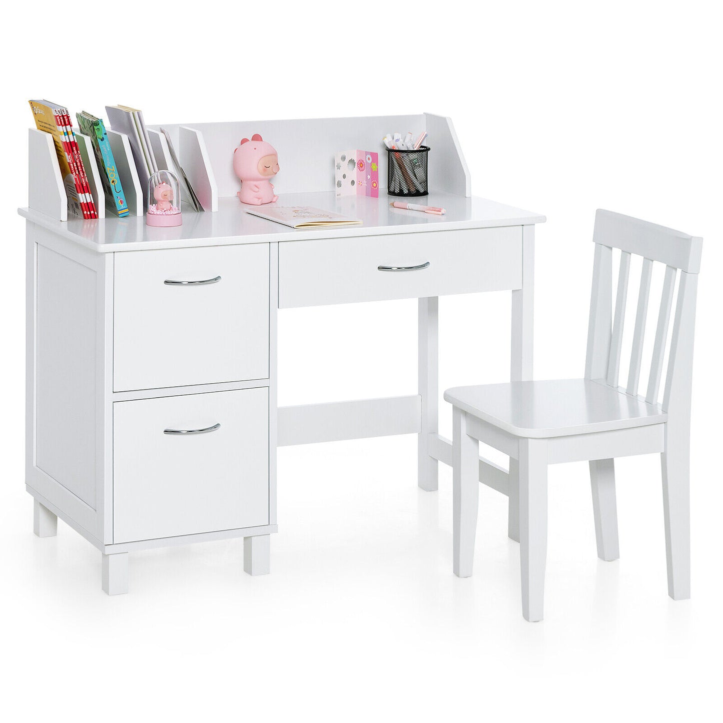 Kids Wooden Writing Furniture Set With Drawer, Storage Cabinet, White Kids Table & Chair Sets White at Gallery Canada