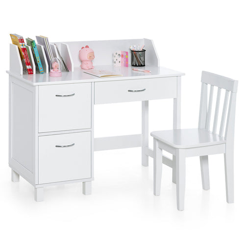 Kids Wooden Writing Furniture Set With Drawer, Storage Cabinet, White