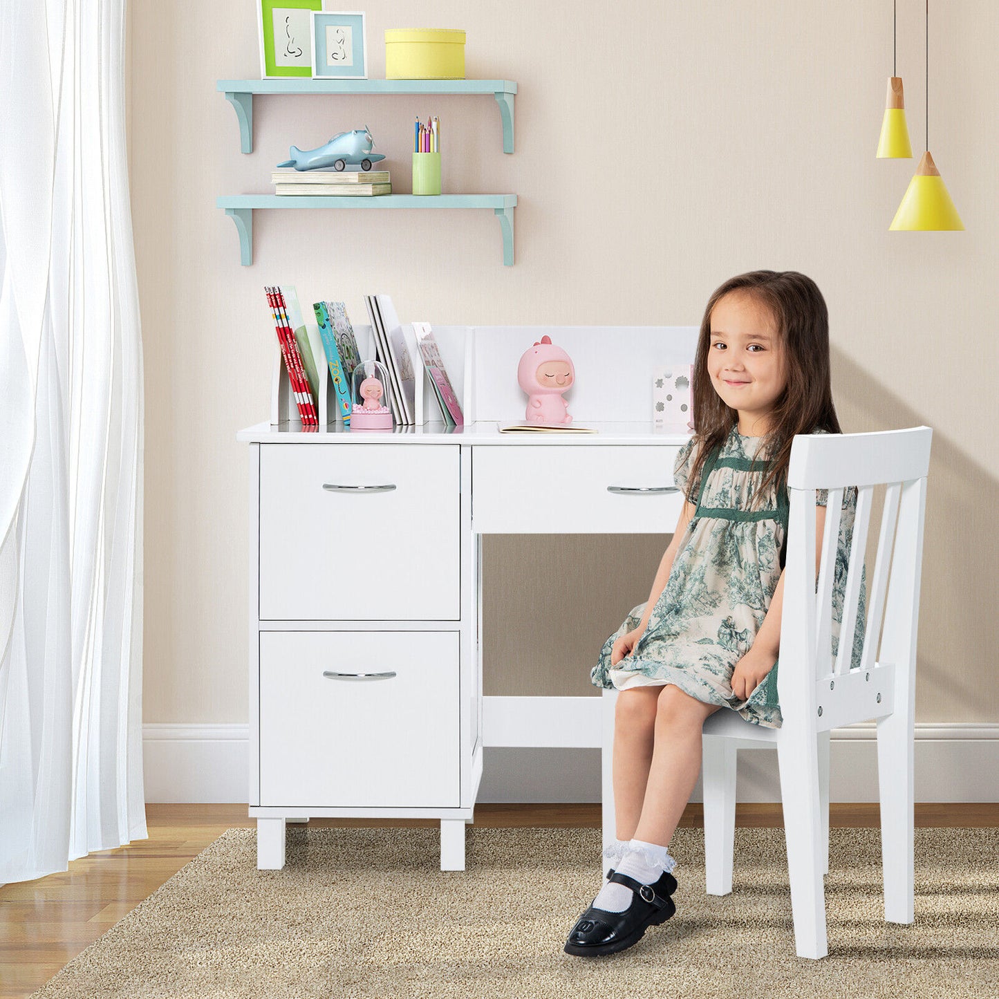 Kids Wooden Writing Furniture Set With Drawer, Storage Cabinet, White Kids Table & Chair Sets at Gallery Canada