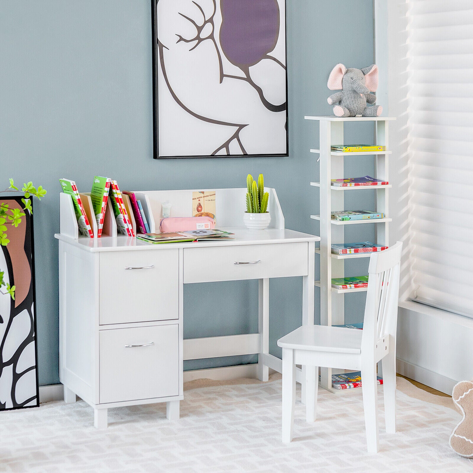 Kids Wooden Writing Furniture Set With Drawer, Storage Cabinet, White Kids Table & Chair Sets at Gallery Canada