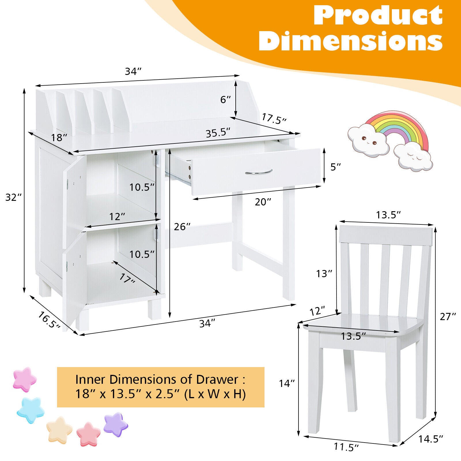 Kids Wooden Writing Furniture Set With Drawer, Storage Cabinet, White Kids Table & Chair Sets at Gallery Canada