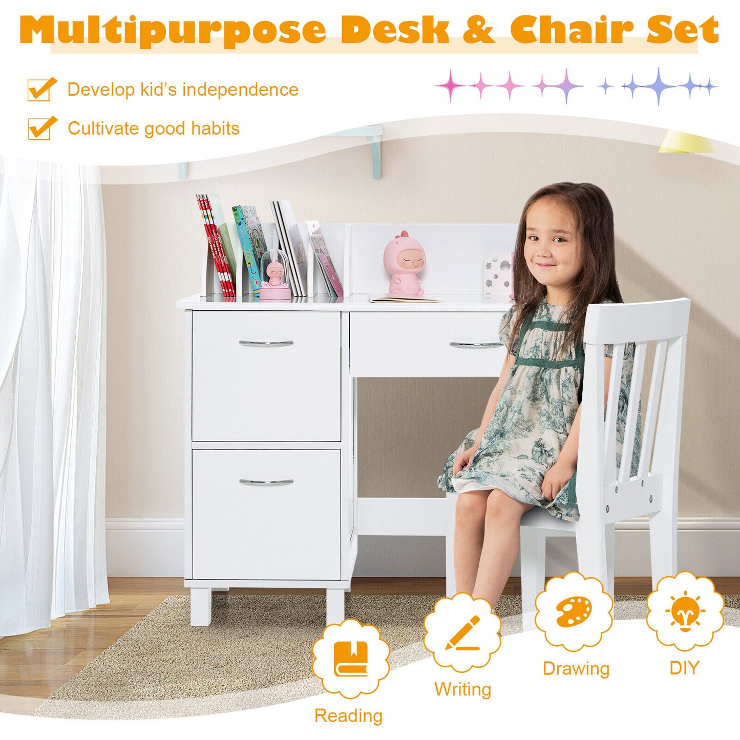 Kids Wooden Writing Furniture Set With Drawer, Storage Cabinet, White Kids Table & Chair Sets at Gallery Canada