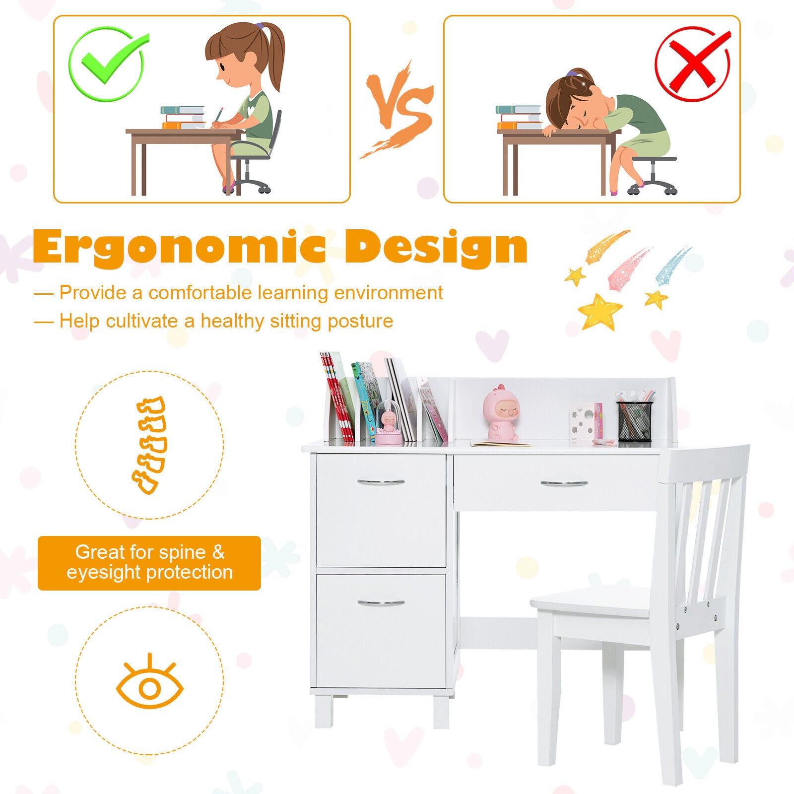 Kids Wooden Writing Furniture Set With Drawer, Storage Cabinet, White Kids Table & Chair Sets at Gallery Canada