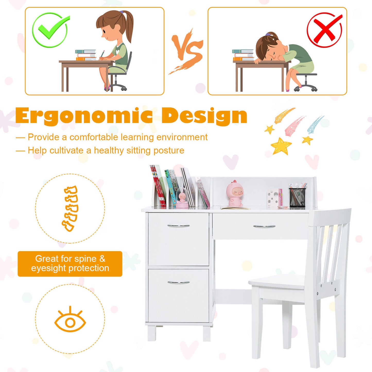 Kids Wooden Writing Furniture Set With Drawer, Storage Cabinet, White Kids Table & Chair Sets at Gallery Canada