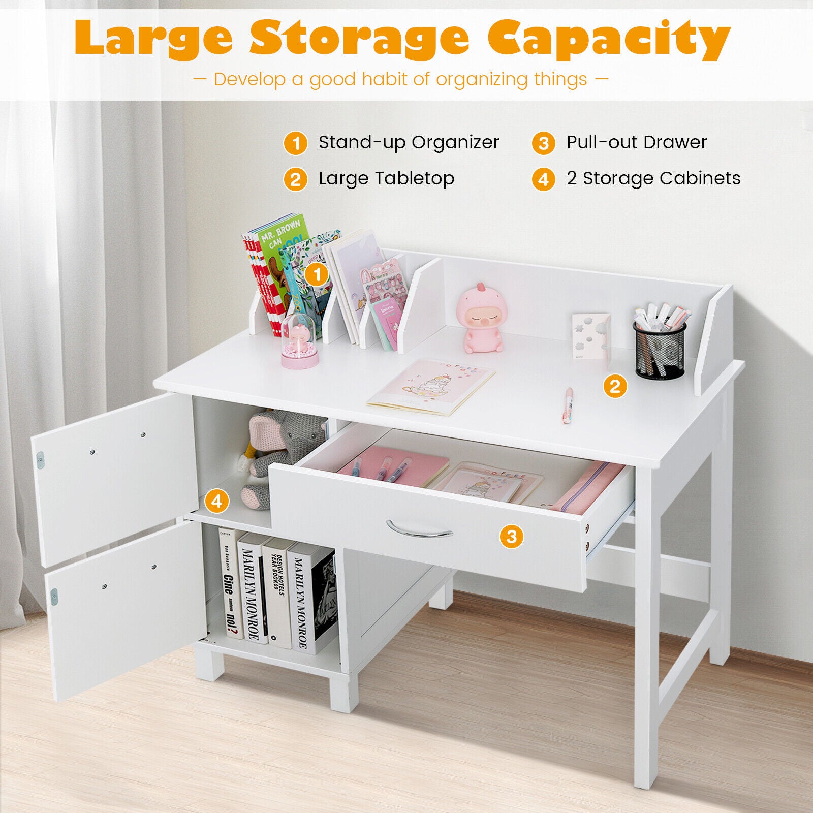Kids Wooden Writing Furniture Set With Drawer, Storage Cabinet, White Kids Table & Chair Sets at Gallery Canada