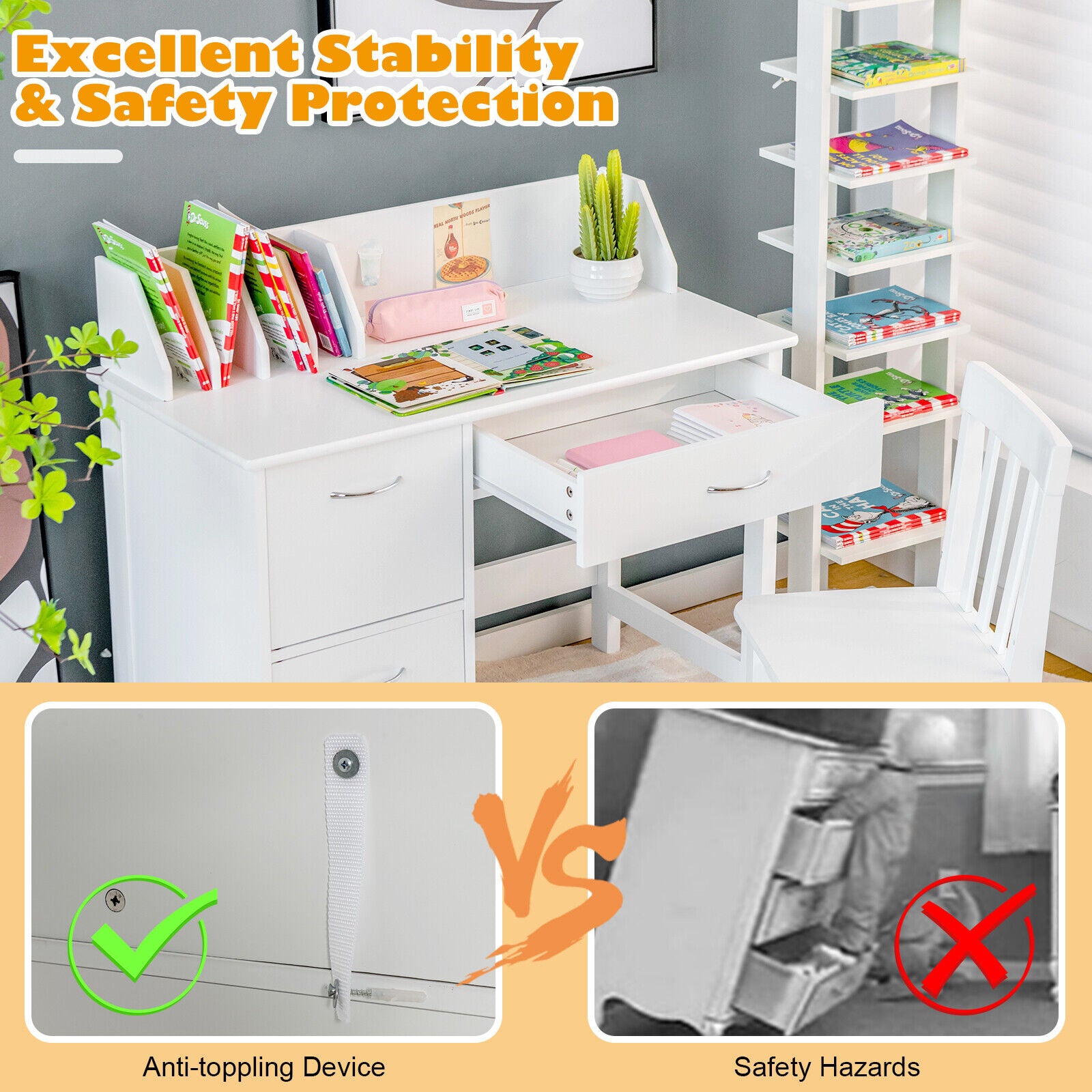 Kids Wooden Writing Furniture Set With Drawer, Storage Cabinet, White Kids Table & Chair Sets at Gallery Canada