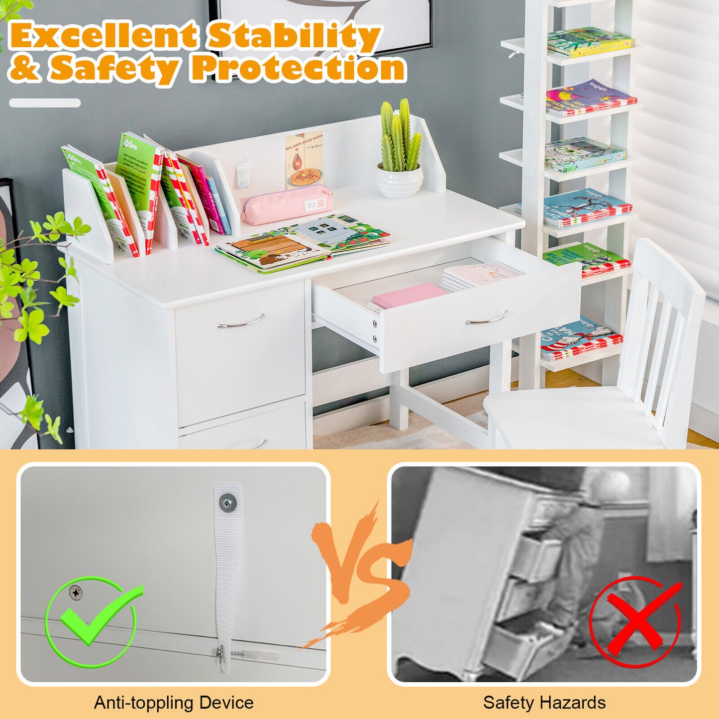 Kids Wooden Writing Furniture Set With Drawer, Storage Cabinet, White Kids Table & Chair Sets at Gallery Canada